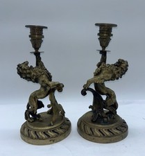 Vintage Brass Heraldic Lion Candlesticks Pair, 10” H Candle Holders picture