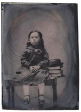 Antique 1870s-1880s Large Tintype Photo School Girl Books Hat 5x7 Victorian Desc picture
