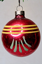 VTG pre WWII Glass Striped Red FLOWER Pictured BALL Christmas Ornament Corning picture