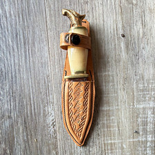 Vintage 1970s Hunting Fixed Blade Knife Bone Handle Animal Head Pommel Sheath picture