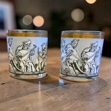 2 Vintage MCM Cera Camelot Tumbler Rocks Whiskey Lowball Glass 22K Gold Barware picture
