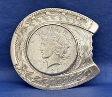 Vintage DIABLO Sterling Silver Horseshoe & 1923 Peace Silver Dollar Belt Buckle picture