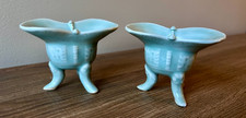 Vintage Chinese Feng Shui Jue Cups Celadon Glazed Tripod Porcelain Wine Cups picture
