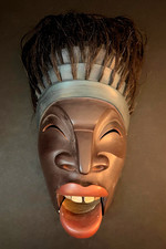 VINTAGE WOOD MASK w/ Jointed Jaw & Hair Hand-Carved & Signed By The Artist 1987 picture