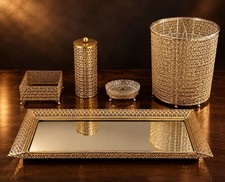 Vtg 1960s Mademoiselle Boutique 5Pc Vanity Set Gold Mesh Hollywood Regency NIOB picture