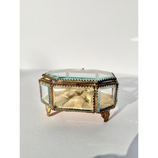 Antique French Beveled Glass Trinket Box Brass Filigree Footed Jewelry Casket picture