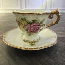 Vintage Japan Miniature Pink Rose Gold Trim Espresso Cup Saucer Set Tiny 3.25