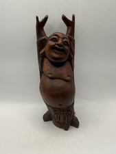 Vintage Hand Carved Wood Laughing Buddha Hotei Statue Raised Arms 8” * picture
