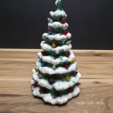Vintage 1975 Ceramic Christmas Tree Snow Flocked Multicolored Bulbs 8.5