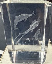 Vintage LG Russian Optical Crystal 3D Laser Etched Scuba Sculpture Box 5”X3.5” picture