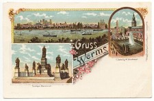 Postcard Worms litho, Luther monument, Ludwig monument, total view, ships, used 1900 picture