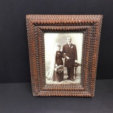 Antique Tramp Art Picture Frame Chipped Carved Wood Wedding Photo……….[S5-5] picture