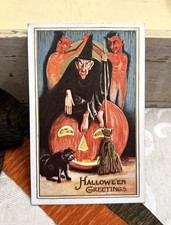 Antique Halloween Postcard Witch Warlock Two Demons or Devils Vintage 1914 picture