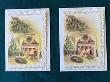Unused 2 Vtg Coronation Christmas Cards Christmas Tree Wreath Hearth Fire w/ Cat picture