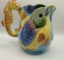 Vintage Italian Bassano Majolica Under the Sea Pitcher Seahorse Handle picture