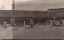 Vintage RPPC Train Wreck Derailment Disaster Postcard Men Crowd Scene picture