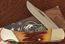 BEAR MGC MADE IN USA AMBER RED STAG BONE BONESTAG LOCKBACK KNIFE NICE (34681) picture