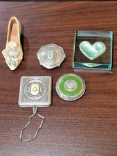 3 Vintage Sterling Compacts 1 Collectible Afternoon Tea Shoe 1 Heart Paperweight picture
