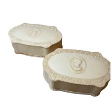 Set (2) Vintage LUXOR Vanity Trinket Dresser Boxes Cameo Design Molded Plastic picture