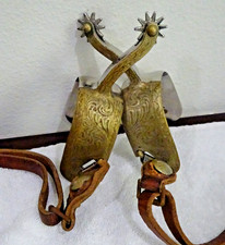 Vintage Show Overlay ENGRAVED Western Cowboy Spurs w Leather Straps picture