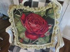 Gorgeous Aubusson style BIG RED CABBAGE ROSE Needlepoint Pillow NWOT Handmade picture