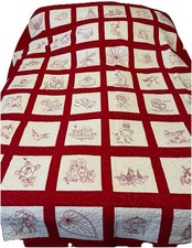 Antique Redwork Album Quilt – Hand Embroidered, 87in X 85in ,Pristine Cond. picture