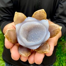 206G Natural Agate Geode Carved Lotus Flower, Hand Carved Healing Crystal Home D picture