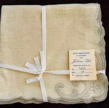 Vintage Madeira Hand Embroidered Ecru Linen Napkins Dead Stock - Set of 6	 B235 picture
