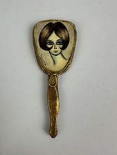 Vintage Hand Mirror Big Eyes Lady Portrait Gold Tone Vanity Mirror Signed picture