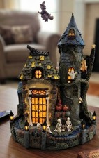 Lighted Resin Haunted House Halloween Village Display w/ Witch Ghost, Box picture