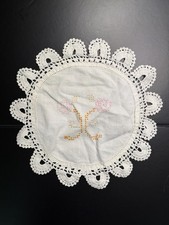 Vintage Handmade Cross Stitch Floral Doily 9” Pink Orange Crochet Lace picture