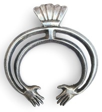 Early 20th Century Navajo Tufa Cast Silver Naja Pendant w/ Hands picture