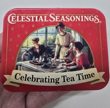 Vintage Celestial Seasonings tin Celebrating Tea Time mini metal box red party picture