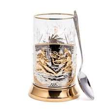 Hunters at Rest Russian Gold Plated Glass Holder Set Подстаканник Охотники picture