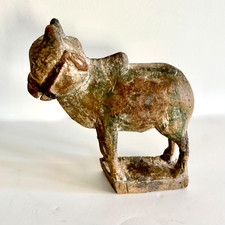 Vintage Hand Carved Wooden Bull Ox Figurine Folk Art Sculpture Painted Antique picture