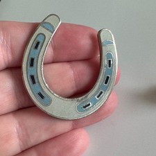 Vintage Large Horseshoe Good Luck Silver-Tone Blue Enamel Lapel Hat Pin picture