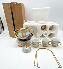 ZHEHAO 20PC PORCELAIN TEA SET PINK GREEN GOLD HOLDER POT CUPS SAUCERS SPOONS XO picture