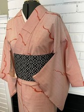 Japanese Vintage Awase Kimono – Salmon Pink Kikko Pattern with Cloud Motif picture