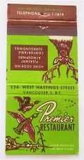 PREMIER RESTAURANT, JON ARGITOS MANAGER, VANCOUVER, B.C. MATCHBOOK COVER picture