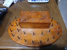Vtg Wooden Sewing Thread Spool Holder Folk Art Gazelle 21 Pegs With Box 1930s40s picture