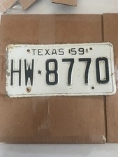 Vintage 1959 Texas License Plate HW 8770 White Black Classic Car YOM picture