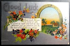 Postcard Good Luck - Horseshoe Country Scene Flowers picture