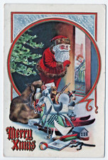 Christmas Vintage Postcard Santa Claus Toy Horse Teddy Bear Drum Sleeping Child picture