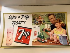 Vintage 1950s 7-Up Soda Pop Sign Enjoy A 7Up Float Cardboard Ad 21” x 11” picture