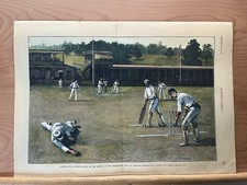 1886 INTERNATIONAL CRICKET MATCH, PENNSYLVANIA HARPER’S WEEKLY HAND COLORED picture