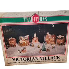 Traditions Victorian Village 16pc Porcelain Christmas Lighted Houses Holiday Set picture