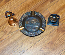 Vintage Metal Tobacco Ashtray with 2 Small Metal Accessories Set of 3 picture