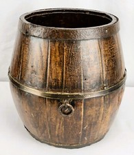 Antique Coopered Oak Wood Bucket Brass & Iron Bands Single Ring Handle Nautical picture