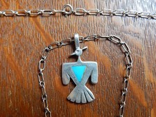 Vintage Navajo Thunderbird Eagle Turquoise Cast Sterling Silver Pendant Chain picture