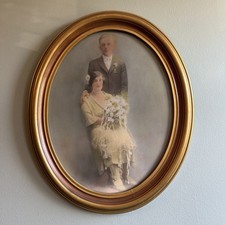 Antique 1920s Wedding Portrait Photo Dolores & Albert Henault RI Oval Wood Frame picture